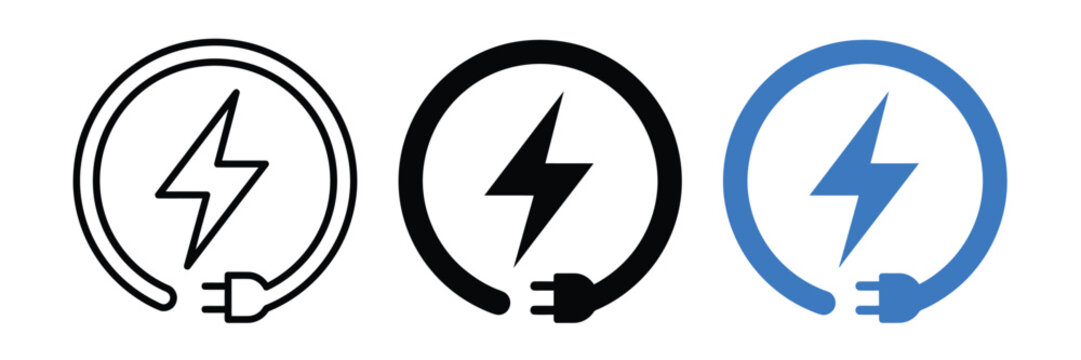 Electrical charging symbols collection. Modern plug and lightning icons for electricity, power connection, energy supply and charging technology. Vector design.