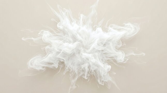 Ethereal white smoke explosion on beige background, swirling steam cloud texture, abstract vapor splash for minimalist design