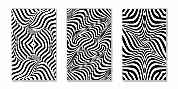 Three rectangular panels display an optical illusion pattern with swirling black and white lines against a white background abstract artwork blackandwhite contemporary curve