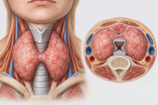 Enlarged Thyroid Compressing Trachea Anatomical Illustration