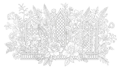 Fototapeta premium Gothic church window frame surrounded by detailed flowers and lush foliage in a black and white line art coloring page design.
