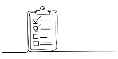 Continuous line drawing of a clipboard with a checklist and checkmarks showing completed tasks isolated on a white background Vector, illustration © Coloring Pages Line 