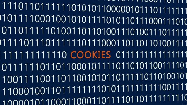 Cookies text or word with digital binary animation made in After Effects for digital world technology concept, representing web tracking, browser data storage, and online privacy settings.