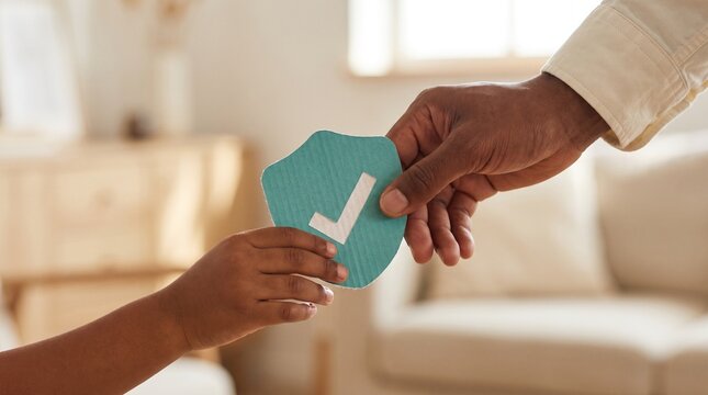 Adult hand passing paper shield with checkmark to a child's hand