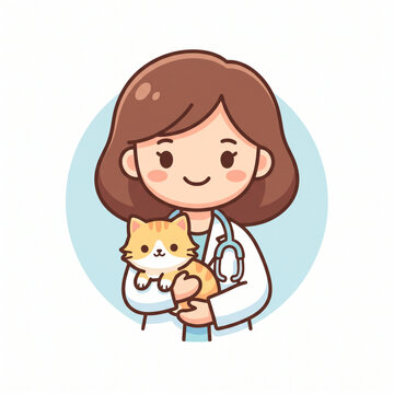 Cute female veterinarian hugging orange tabby cat avatar cartoon vector illustration isolated on white background. 