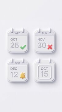 Neomorphic Calendar Icon Collection with Check Mark, Cancel Cross, and Notification Bell for Schedule and Time Management UI