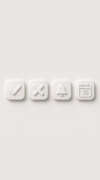Minimalist Neomorphic Action Icons Set Featuring Check Mark, Cross, Bell, and Calendar Symbol on Clean White Background