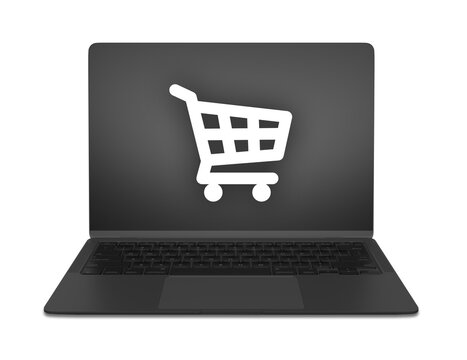Ordenador port&aacute;til negro con icono de compras en la pantalla y PNG transparente sobre fondo blanco, ideal para comercio electr&oacute;nico y tecnolog&iacute;a digital.