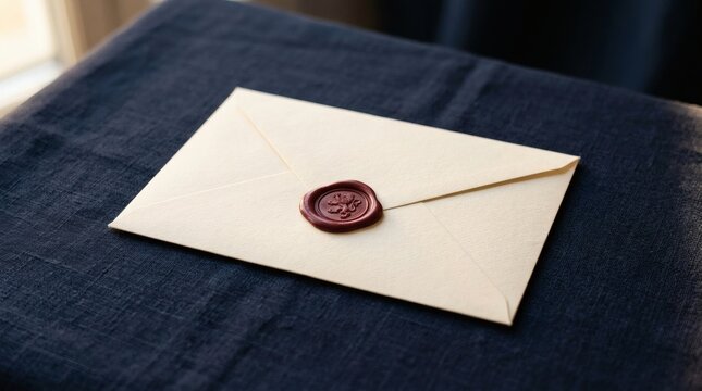 Vintage cream envelope with red wax seal. Elegant paper letter on dark blue linen. Classic invitation for wedding or formal event.