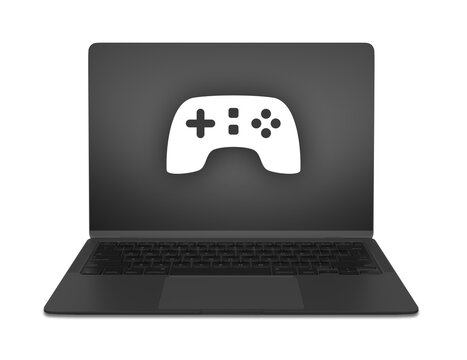 Laptop gaming transparente PNG con icono de control de videojuegos en la pantalla negra brillante, dispositivo moderno para jugar en casa y entretenimiento digital en la actualidad