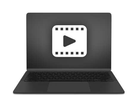 Ordenador port&aacute;til negro con icono de v&iacute;deo en la pantalla, un PNG transparente ideal para proyectos multimedia y dise&ntilde;o gr&aacute;fico creativo; un concepto tecnol&oacute;gico digital vectorial.
