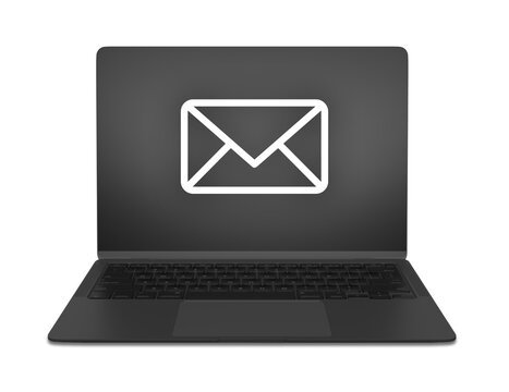 Ordenador port&aacute;til negro con icono de correo electr&oacute;nico en pantalla, gr&aacute;fico digital ideal para dise&ntilde;o web y PNG transparente para proyectos creativos profesionales