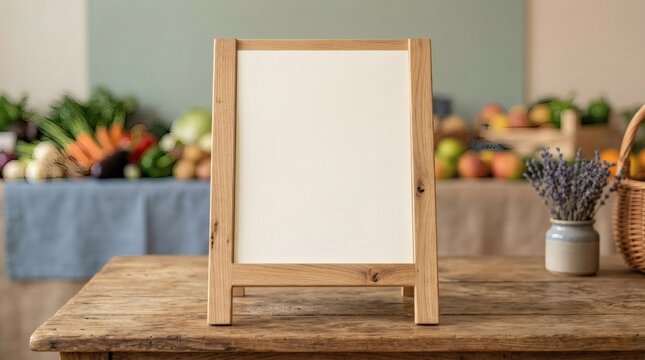 Rustic wooden sandwich board mockup on farm table. Blank white menu sign in grocery market. Empty easel display for organic food shop.