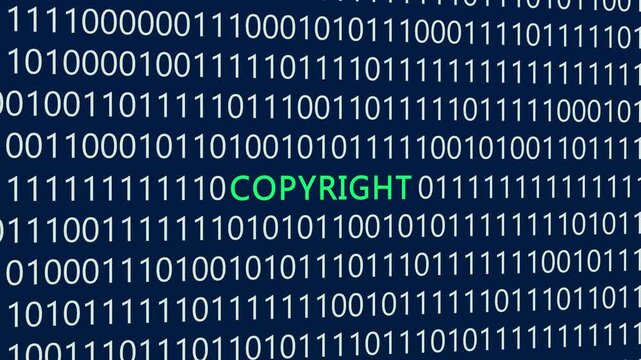 Copyright text or word with digital binary animation made in After Effects for digital world technology concept, represent digital rights management, intellectual property, online content protection