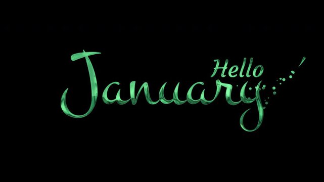 Sparkling green script hello january text on dark black background. Elegant cursive winter design suitable for festive holidaythemed graphics.