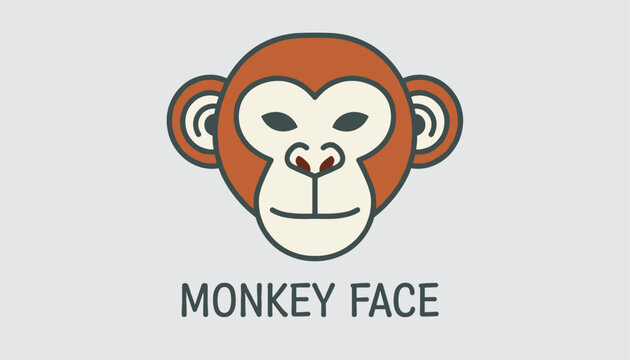 Flat cartoon portrait of a cute brown monkey face with friendly eyes and ears on a neutral grey background.
