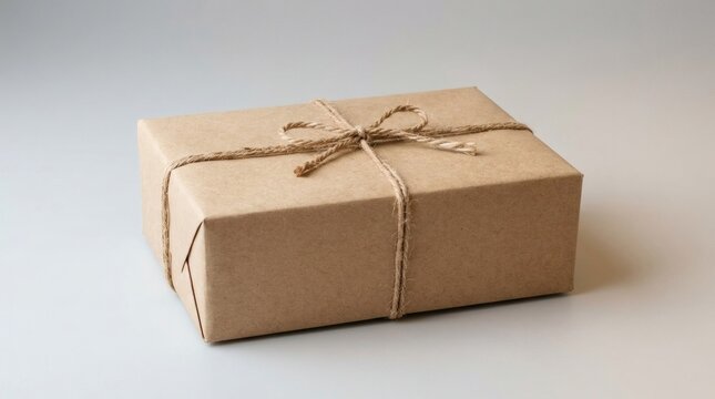 Rustic brown kraft paper gift box with twine bow. Minimalist eco-friendly parcel packaging. Sustainable cardboard shipping box for retail.