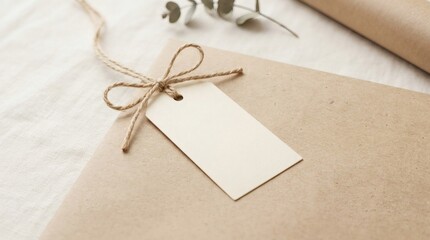 Fototapeta premium Rustic kraft paper gift box with blank tag. Minimalist brown parcel with twine bow. Eco-friendly packaging for sustainable branding.