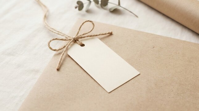Rustic kraft paper gift box with blank tag. Minimalist brown parcel with twine bow. Eco-friendly packaging for sustainable branding.