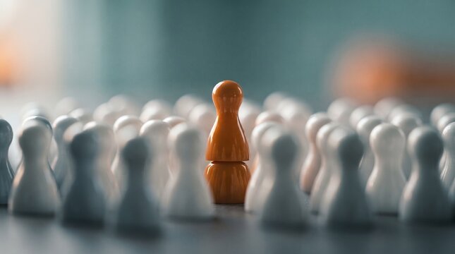 Standing Out From the Crowd: An orange game piece stands prominently amidst a sea of identical white pieces, symbolizing individuality, leadership, or uniqueness.