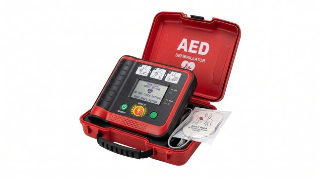 Portable automated external defibrillator in an open red carrying case with medical pads isolated on white background
