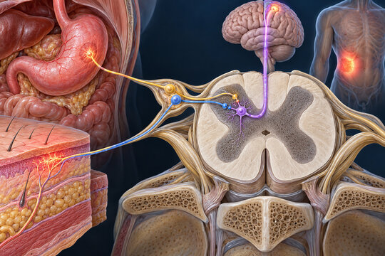 Referred Pain Neural Pathway From Stomach to Spinal Cord