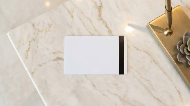 Minimalist white key card with magnetic stripe on marble table, blank plastic hotel card mockup, luxury guest access card