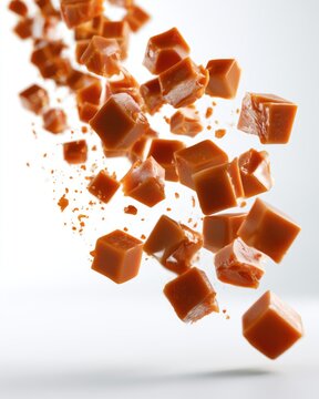 Floating caramel candy cubes with a glossy texture and some small crumbs, suspended in mid-air against a white background.