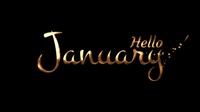 Golden text hello january script typography on a black background with sparkles, suitable for elegant designs and new year greetings.