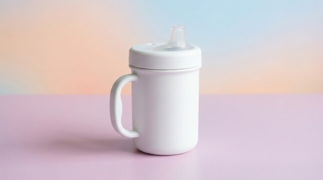 White plastic sippy cup for toddlers, baby training mug with handle and spout, nursery feeding accessory on pastel background