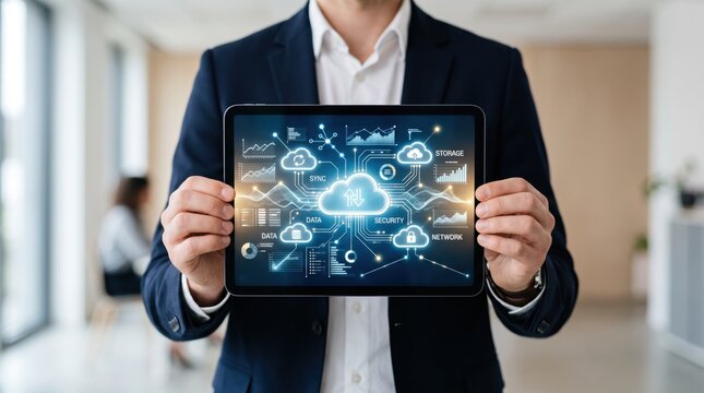 Businessman holding tablet displaying cloud computing network diagram with security and storage icons, futuristic data technology concept in modern office environment