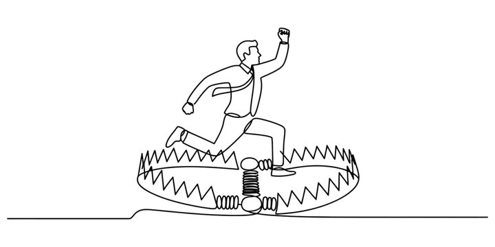 Continuous line drawing of a businessman running and stepping into a dangerous metal bear trap on the floor Vector, illustration