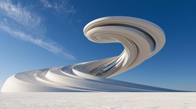 Minimal futuristic white architectural sculpture with sweeping spiral ribbons and layered curves rising from a smooth landscape under a clear blue sky, elegant abstract design and spacious composition