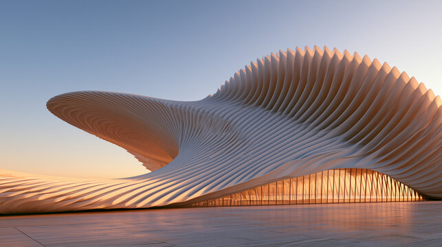 Contemporary organic pavilion with a dramatic ribbed roof and flowing sculptural facade illuminated by warm sunset light, expansive glass walls, reflective plaza and visionary architectural design