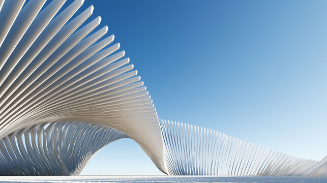 Futuristic white ribbed architectural structure with sweeping arches and rhythmic vertical fins extending across an open landscape, clear blue sky, strong perspective and minimalist modern design