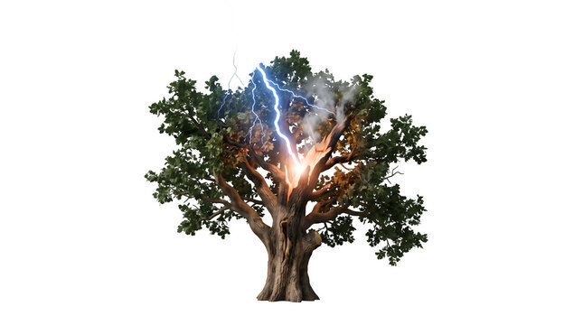 Oak Tree Struck by Lightning Bolt with Smoke Isolated on White Background