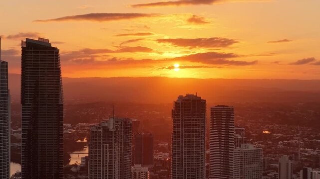 Golden hour among the Surfers Paradise skyscrapers, aerial drone footage, Gold Coast, Queensland Australia