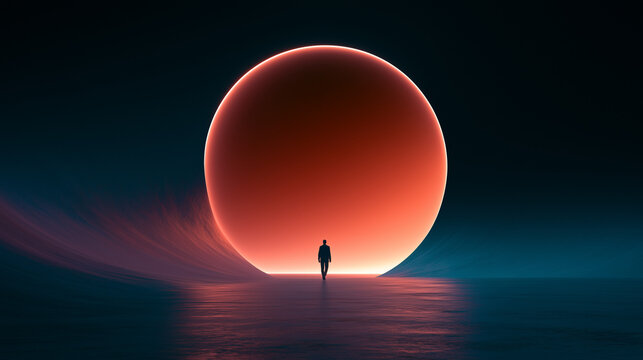 Surreal glowing red sphere floating above a reflective dark landscape, with a solitary human silhouette, soft blue atmosphere and dramatic horizon light