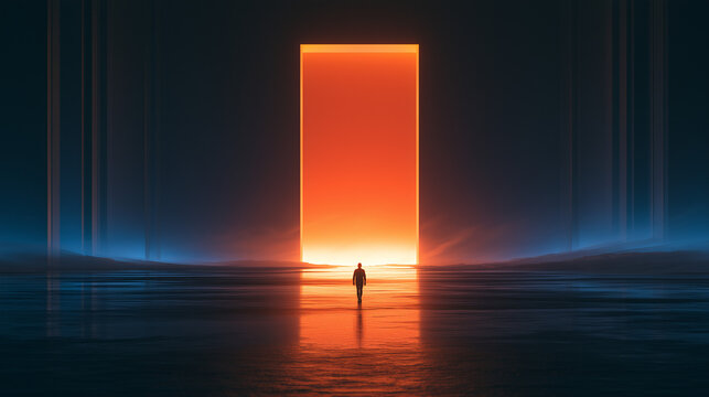 Futuristic glowing orange portal standing on a reflective dark landscape, with a solitary person facing the luminous doorway, blue ambient light and mist
