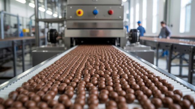 Chocolates conveyor belt in factory production line manufacturing process industrial food production