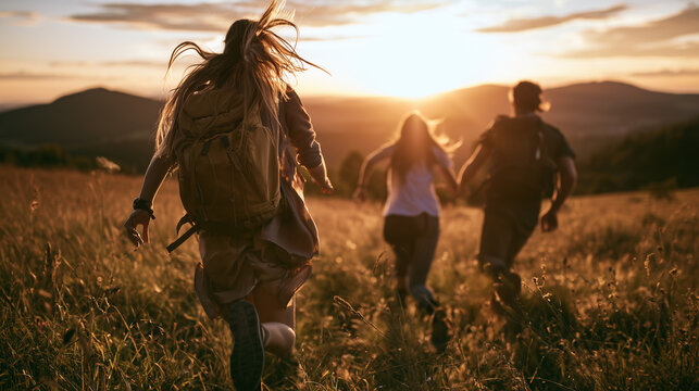 Group of hikers walking through a sunlit meadow at golden hour, carrying backpacks toward distant mountains, creating a warm outdoor adventure