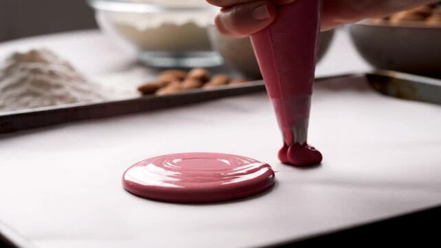 Close-up of a pastry bag piping pink macaron batter onto parchment paper, preparing for baking.