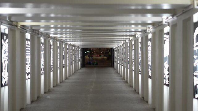 A symmetrical view looking through a pedestrian underpass tunnel with illuminated vertical light panels along the walls at night.