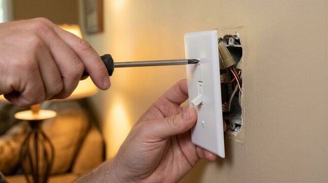 Electrician Installing Wall Electrical Outlet and Connecting Wiring During Home Repair - Electrical Installation Concept