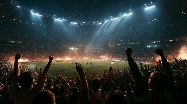 Excited football crowd celebrating inside a packed stadium at night, raised hands and bright floodlights creating an energetic atmosphere around the field