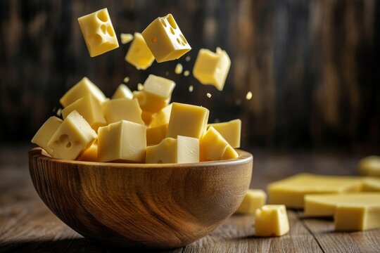 Cheese cubes falling into wooden bowl on table