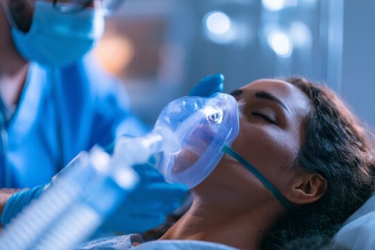 Doctor assisting patient breathing with oxygen mask in hospital