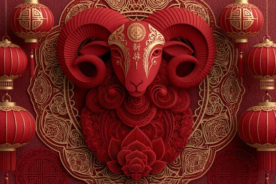 Chinese new year red ram zodiac paper art