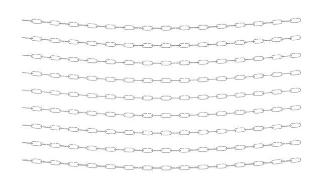 Rows of silver metal chains stretch side by side across a dark backdrop