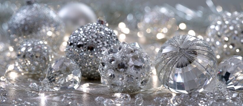 Silver christmas ornaments sparkling with festive glitter and lights, banner